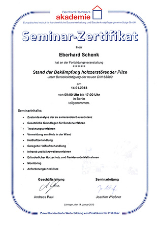 Zertifikat: BekÃ¤mpfung holzzerstÃ¶render Pilze (Remmers Akademie)